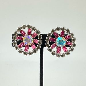 Coro Earrings, Signed, Pink AB & Gray Rhinestone Crystals, MCM, Super Sparkly